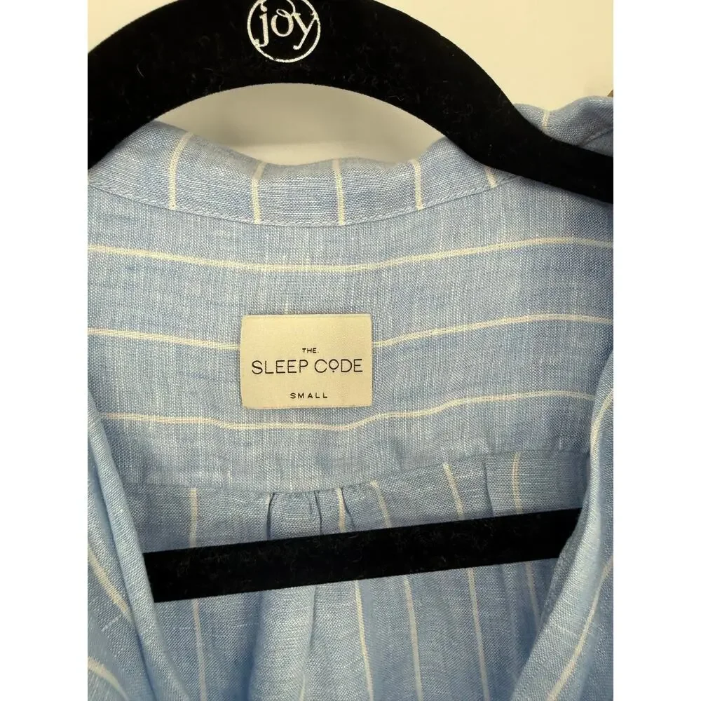 The Sleep Code Pajama Set Striped Linen Long PJ Blue White Size Small S